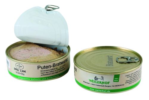 2 Wurstdosen einmal mit geöffnetem Deckel mit Etikett