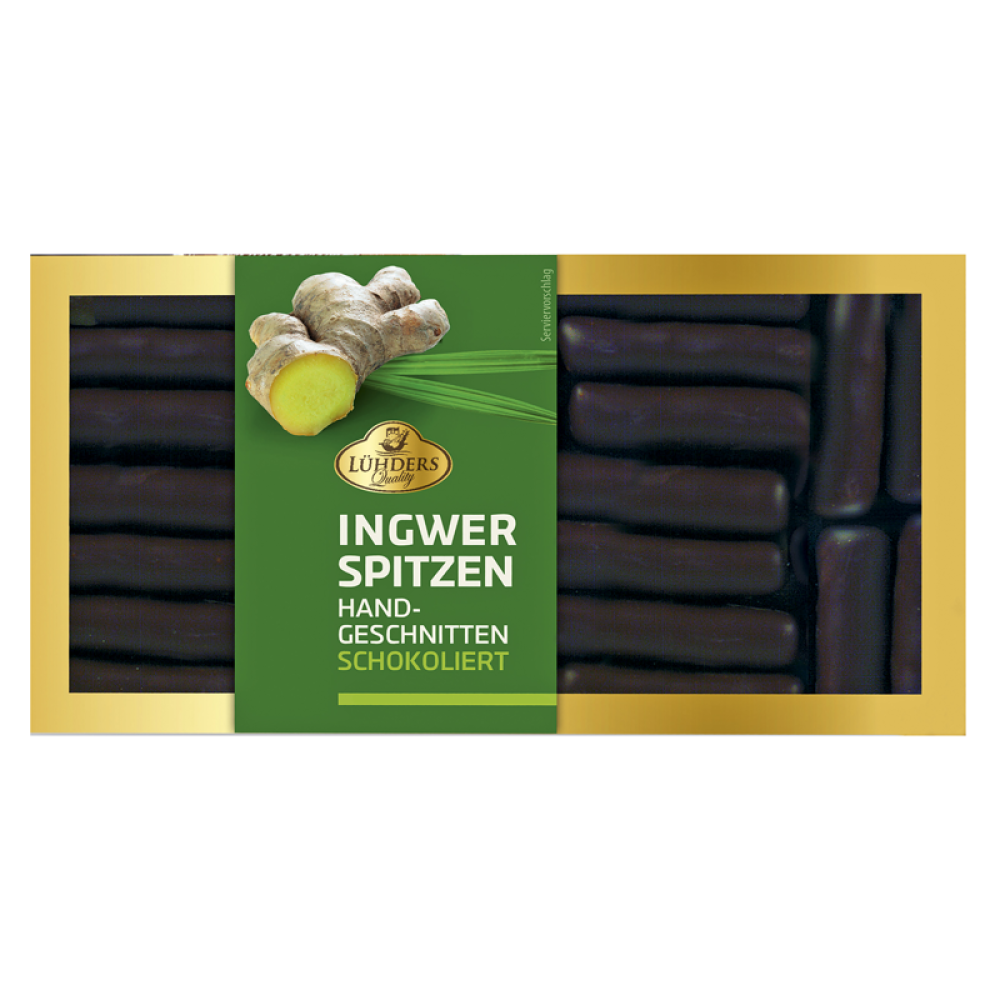 Ingwerspitzen in Zartbitterschokolade in der Verpackung