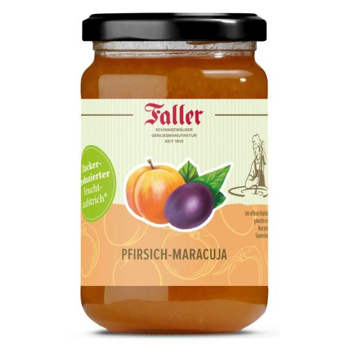 Zuckerreduzierter Pfirsich-Maracuja Fruchtaufstrich im 330 g Glas