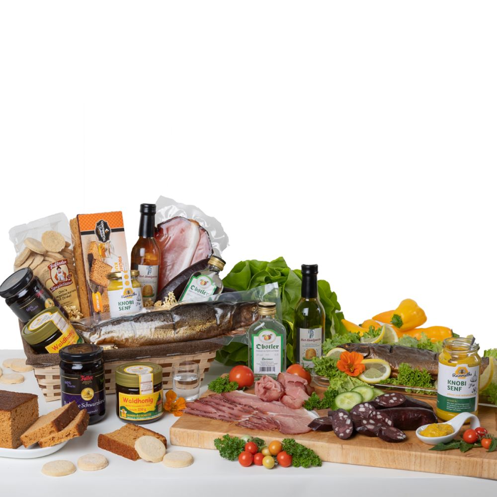 Stabile, wiederverwendbare, gefüllte Holzkise mit Schlemmereien