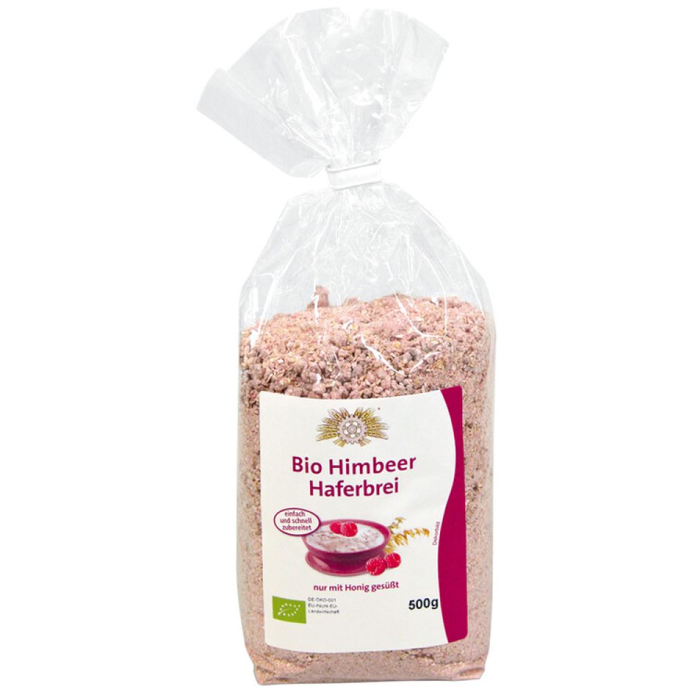 Tüte mit gepufftem Dinkel, mit Etikett auf dem eine  Schale mit Haferbrei abgebildet ist