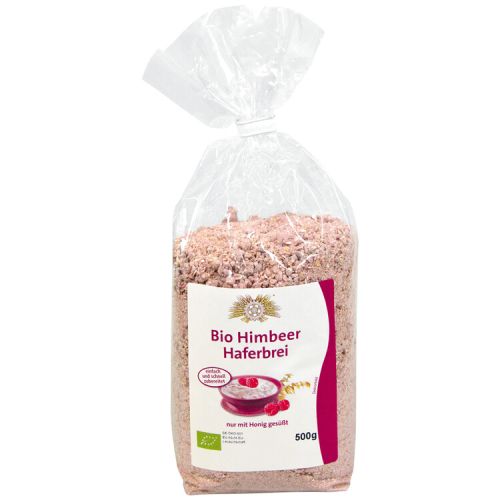 Tüte mit gepufftem Dinkel, mit Etikett auf dem eine  Schale mit Haferbrei abgebildet ist