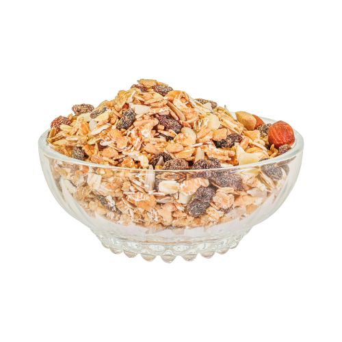 Frucht & Nuss Müsli in einer Glasschale
