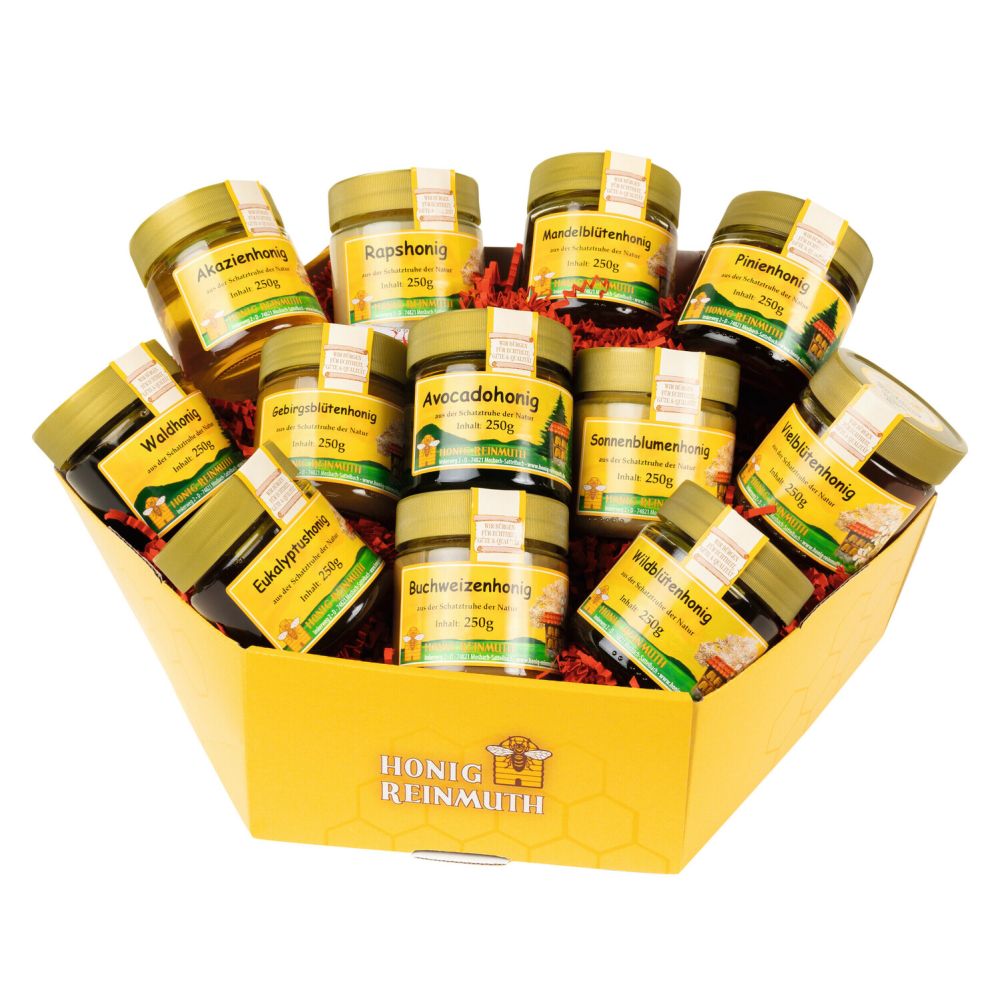 Honig Vielfalt Geschenkbox mit verschiedenen Honigsorten in einer wabenförmigen Verpackung