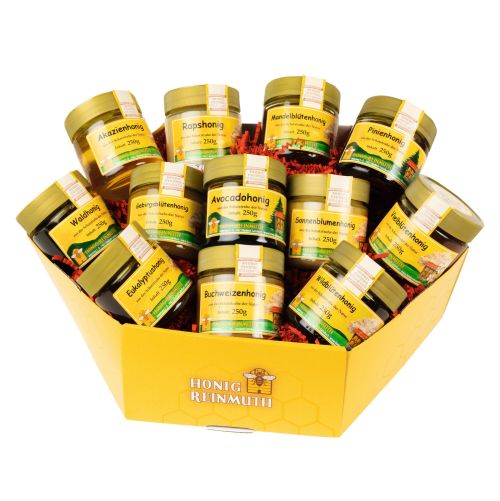 Honig Vielfalt Geschenkbox mit verschiedenen Honigsorten in einer wabenförmigen Verpackung