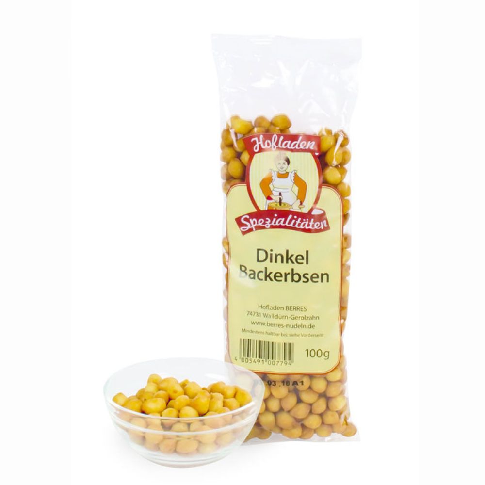 Dinkel Backerbsen in der Packung und in einer Schale