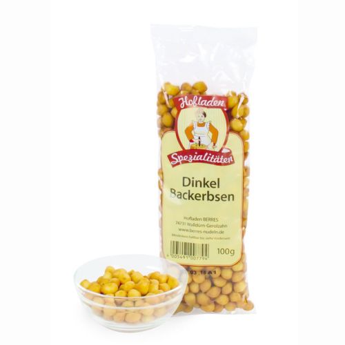 Dinkel Backerbsen in der Packung und in einer Schale