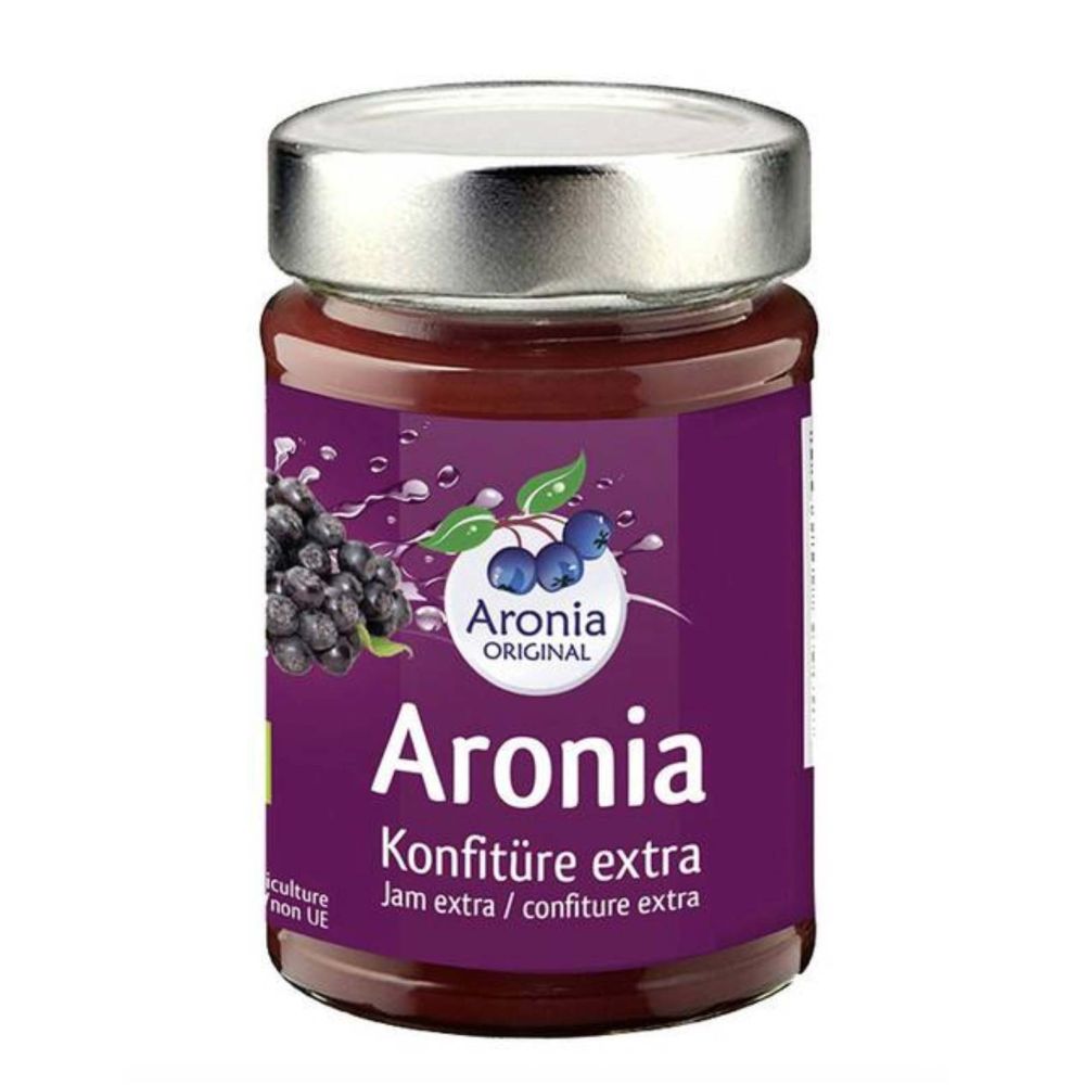 Glas mit Bio Aroniabeeren Konfitüre