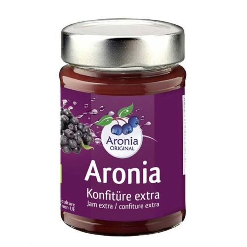 Glas mit Bio Aroniabeeren Konfitüre