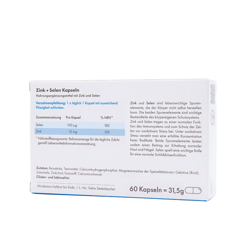 Rückseite der Packung Selen + Zink Kapseln