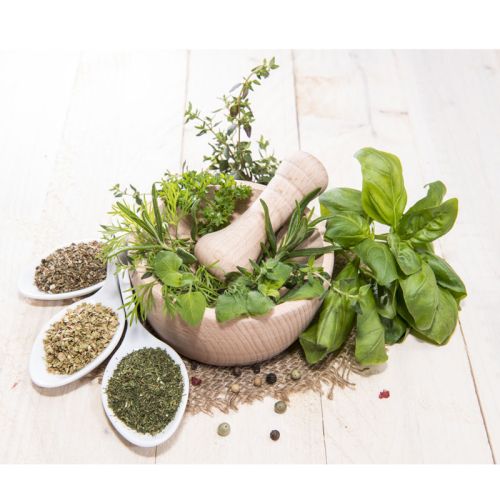 Kräutermischung dekoativ dargestellt mit Mörser und anderen Kräutern