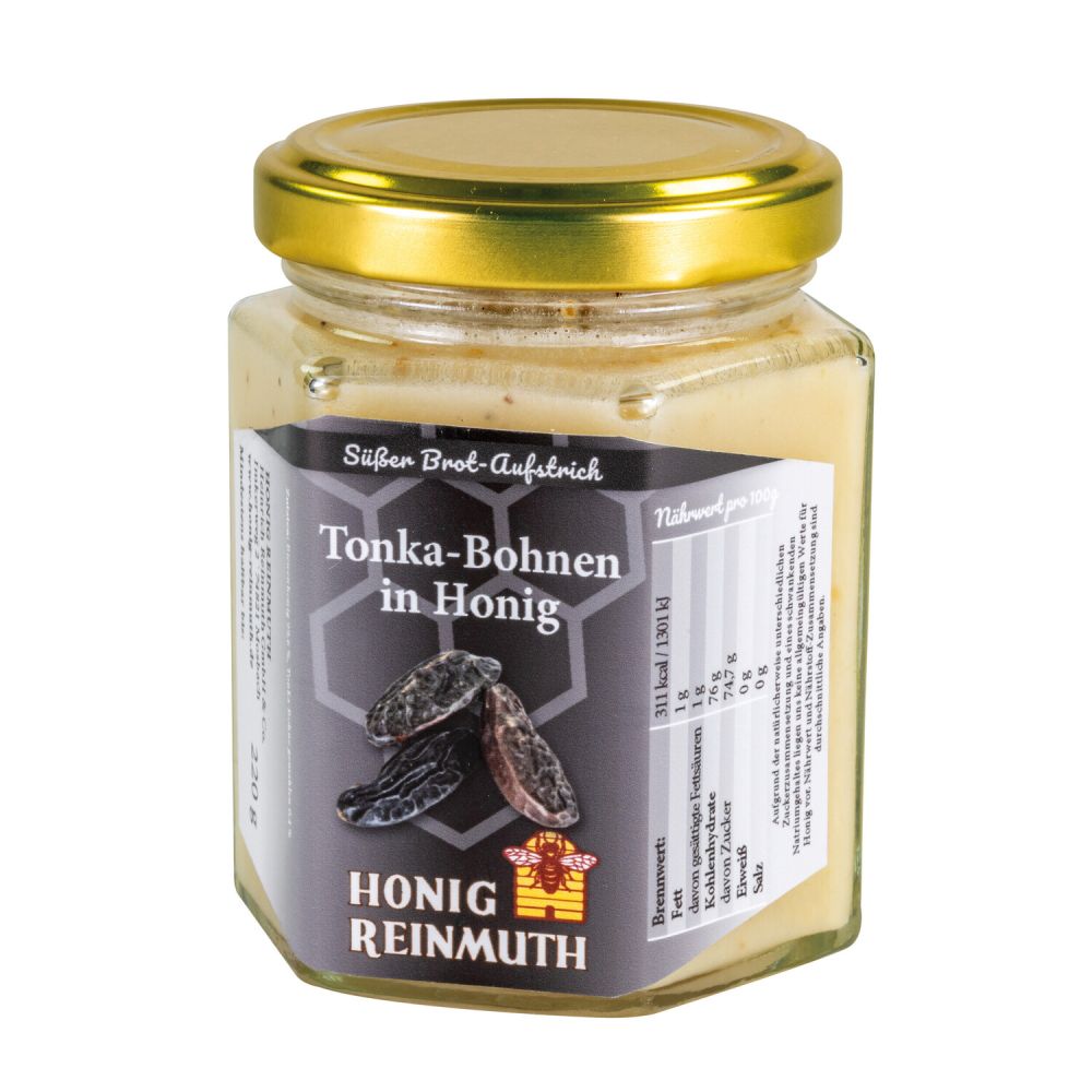 6 -Eck-Glas goldener Deckel Etikett Tonka-Bohnen-Honig