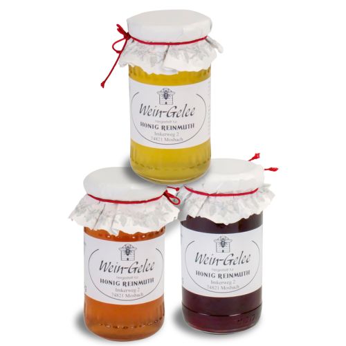 Weingelee aus Rosé-, Rot und Weißwein.