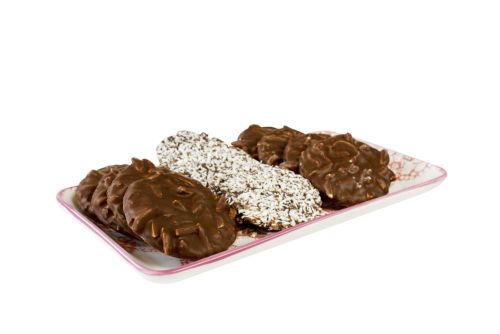 Dinkel Knusperwaffeln mit Schokolade und Kokosraspeln