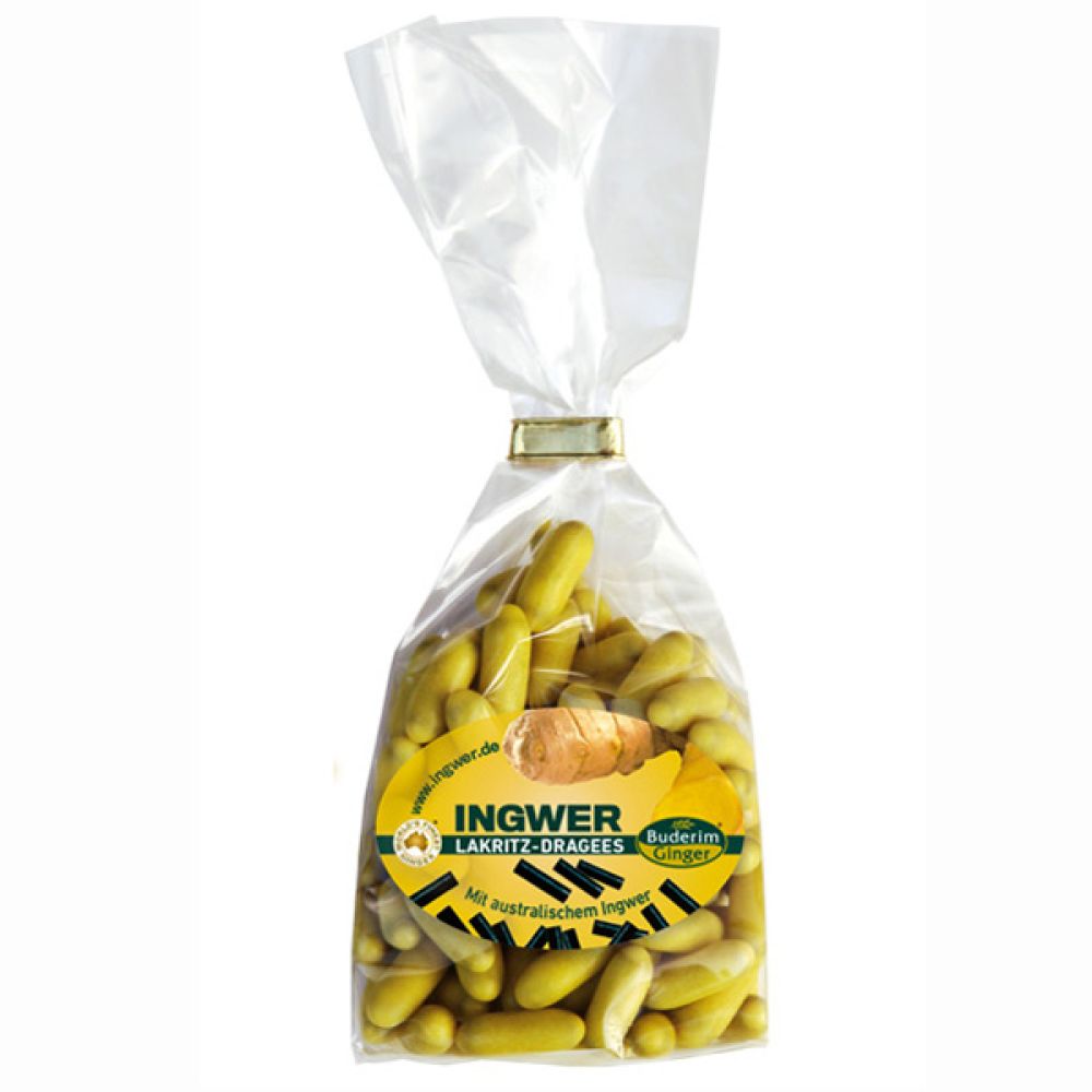 Ingwer Lakritz Dragees in der Verpackung