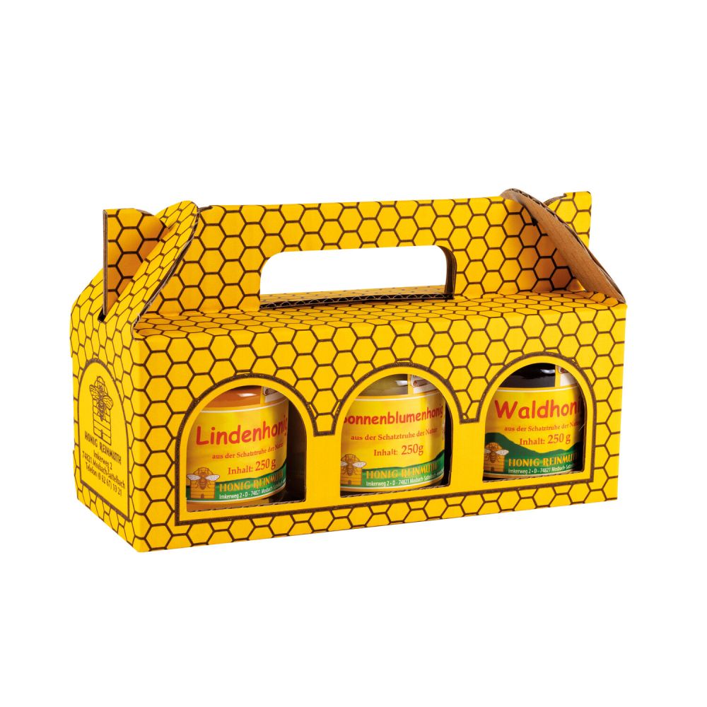 3 Gläser Honig im Tragekarton mit Wabenmuster