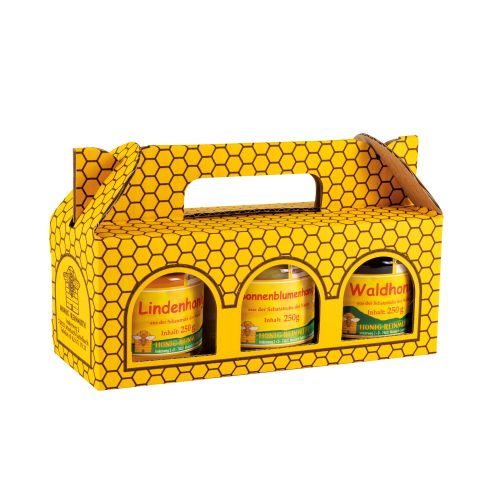 3 Gläser Honig im Tragekarton mit Wabenmuster