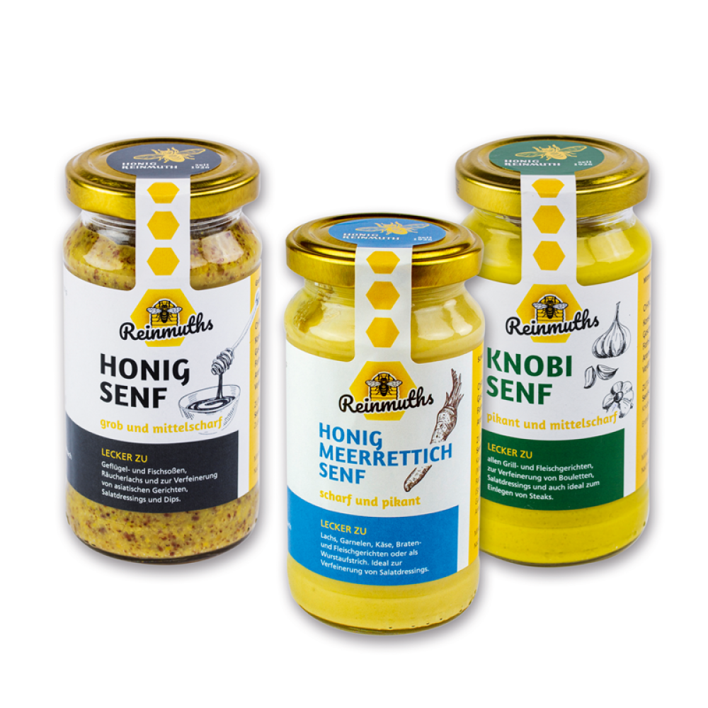 Drei Gläser Reinmuths Senf mit jeweils 200 ml Inhalt