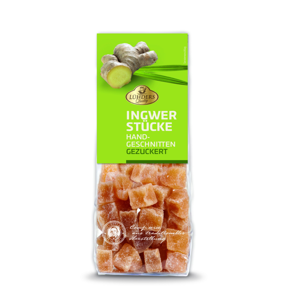 Kandierte Ingwerstücke in der Verpackung