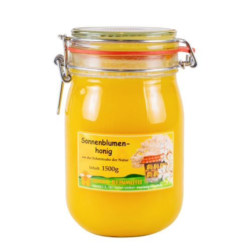 Bügelglas mit Etikett mir Sonnenblumenhonig gefüllt