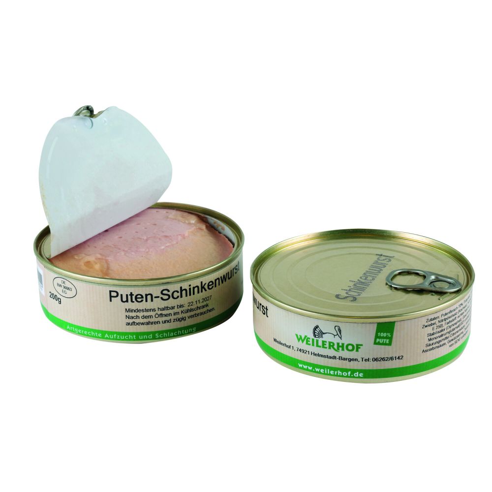 2 Wurstdosen einmal mit geöffnetem Deckel mit Etikett